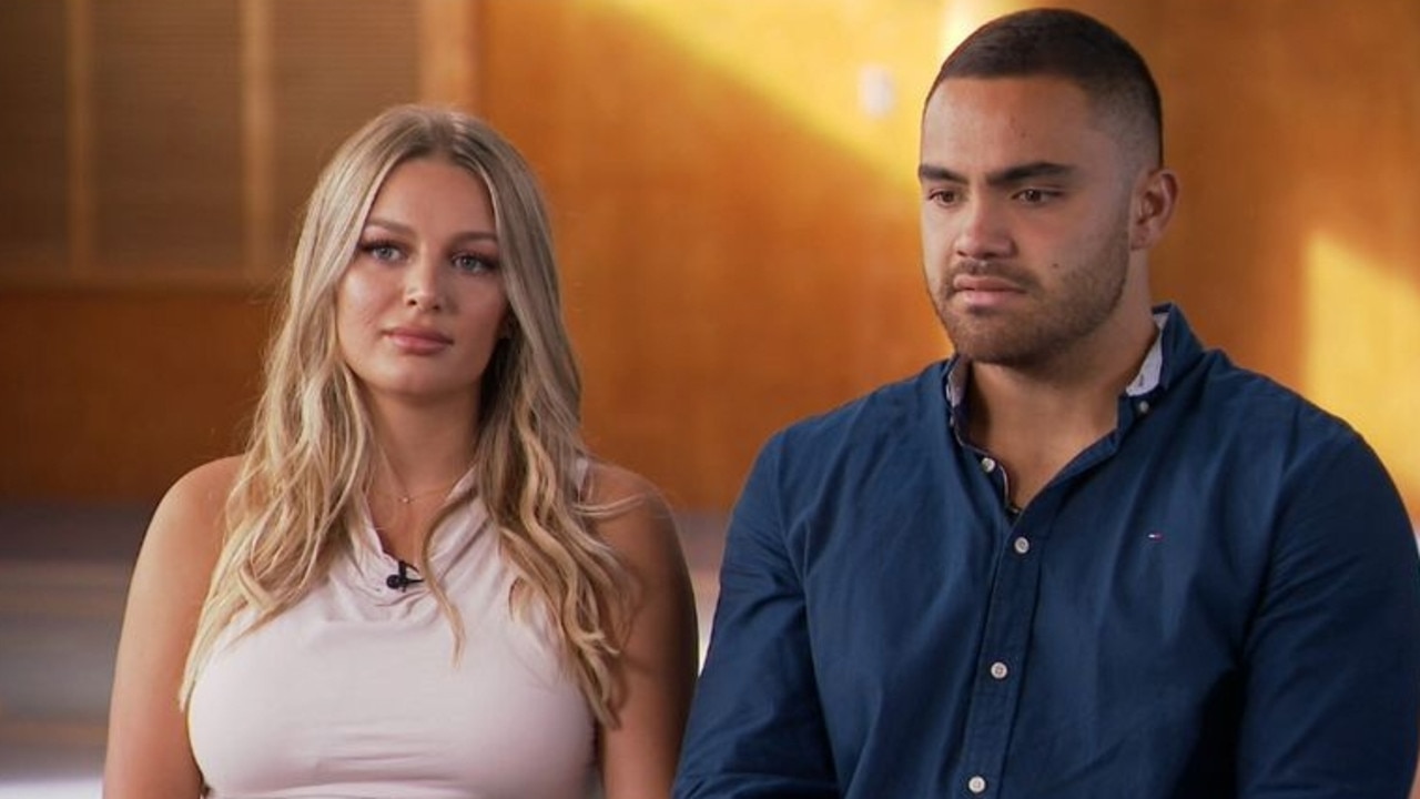 NRL player Dylan Walker and fiancee Alex Ivkovic during an interview with Nine News about his domestic battery charge. Picture: 9 News.