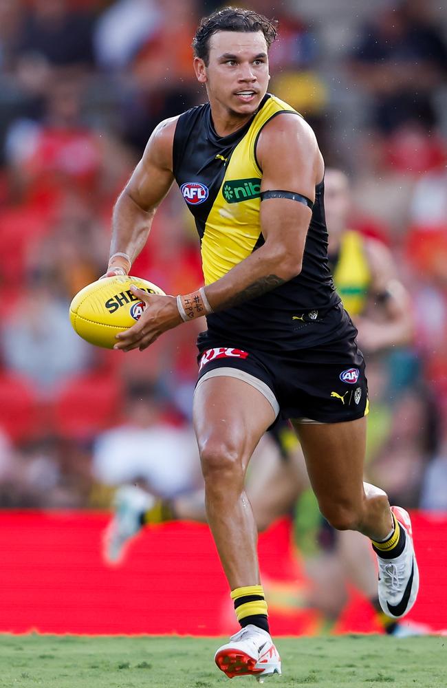 Daniel Rioli of the Tigers in action. Picture: Dylan Burns/AFL Photos via Getty Images.