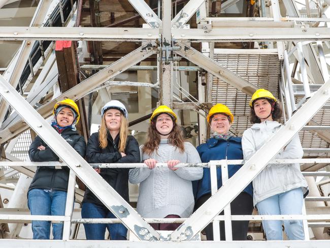 From left, Noor Masdiana, Georgia Stewart, Larissa Jerrim, Dr Lucia McCallum and Katie Vandorov at the Cambridge Observatory. Picture: Mireille Merlet