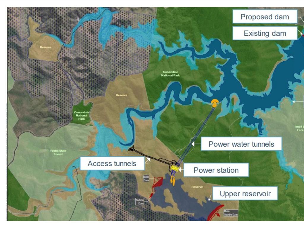 Timeline and map of Borumba Dam pumped hydro project.