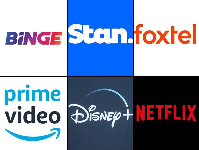 4:3 crop - Australia streaming services logo composite. Binge, Stan, Foxtel, Amazon, Disney, Netflix.
