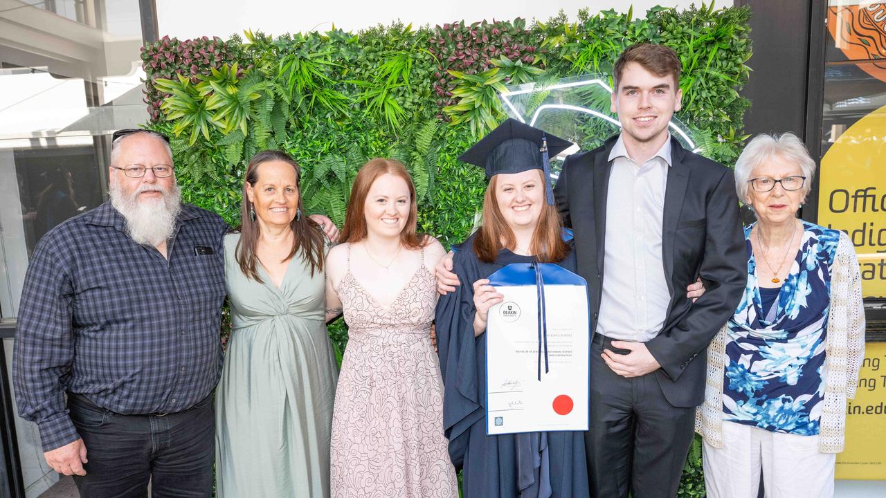 Stephen Purtill, Melinda Purtill, Sarah Purtill, Amy Purtill, Corey Rennie and Gloria Shaw at Deakin University’s environmental science graduation. Picture: Brad Fleet