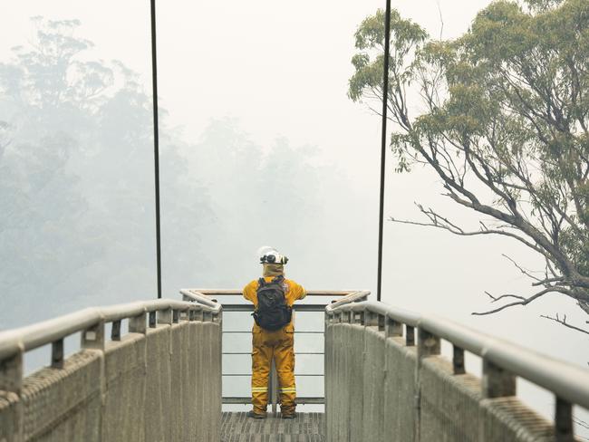 The iconic view of the Tahune Airwalk shrouded in smoke on Australia Day. Picture: WARREN FREY/TFS