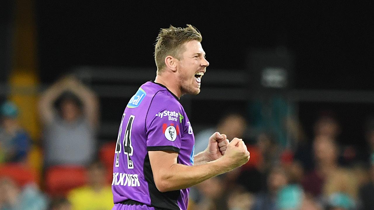 James  Faulkner of the Hurricanes reacts after the Hurricanes won the Big Bash League (BBL) match between the Brisbane Heat and the Hobart Hurricanes at Metricon Stadium on the Gold Coast, Saturday, December 22, 2018. (AAP Image/Dave Hunt) NO ARCHIVING, EDITORIAL USE ONLY, IMAGES TO BE USED FOR NEWS REPORTING PURPOSES ONLY, NO COMMERCIAL USE WHATSOEVER, NO USE IN BOOKS WITHOUT PRIOR WRITTEN CONSENT FROM AAP