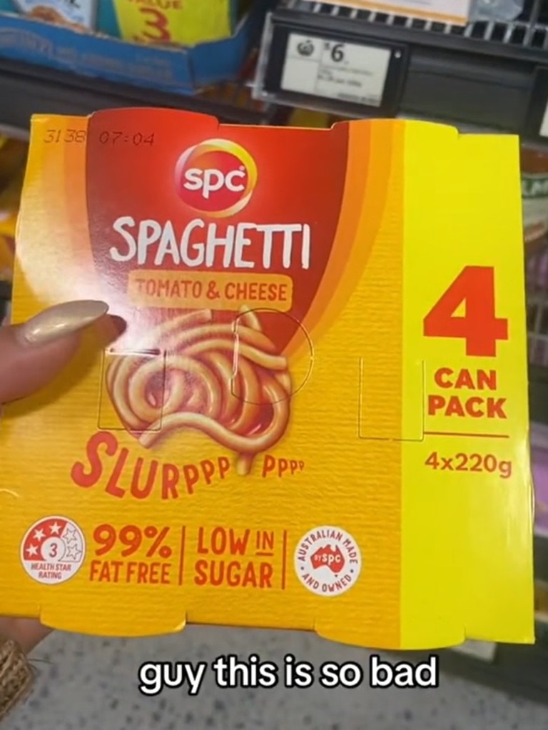 She was shocked to see this SPC Tomato and Cheese Spaghetti. Picture: TikTok/bysacconji_