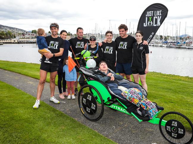 Timmy Bristow (runner), Sidney Bristow baby, Natalie Bristow, Margot Bristow, Chris and Erin Duffy (JackÃ¢â¬â¢s parents) Xavier Duffy (JackÃ¢â¬â¢s brother), Josh Britton (JackÃ¢â¬â¢s support worker), Jamie Duffy )JackÃ¢â¬â¢s sister) and Jack Duffy. They have just arrived in Hobart today, after crossing the state running from George Town. Picture : Mireille Merlet