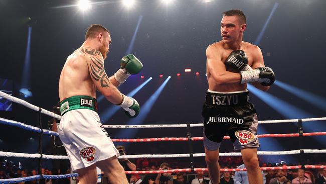 Tim Tszyu was too good for Irishman Dennis Hogan in Newcastle. Picture: Cameron Spencer/Getty Images