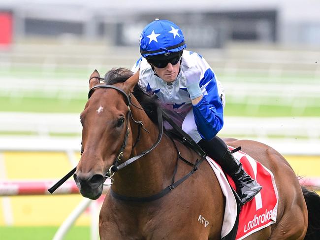 Hidden Wealth scores the Group 3 George Moore Stakes at Doomben in dominant fashion for trainer Tony Gollan and jockey Kyle Wilson-Taylor. Picture: Grant Peters, Trackside Photography.