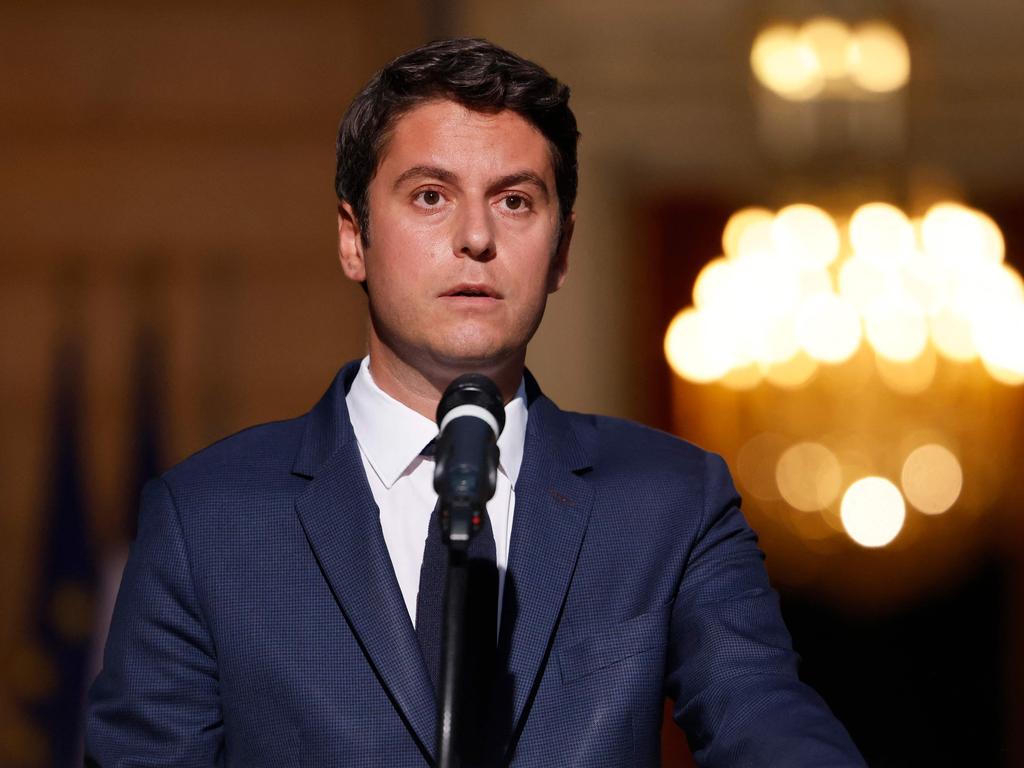 French Prime Minister Gabriel Attal makes a speech after the announcement of the results of the first round of French parliamentary elections at the Hotel de Matignon in Paris. Picture: AFP