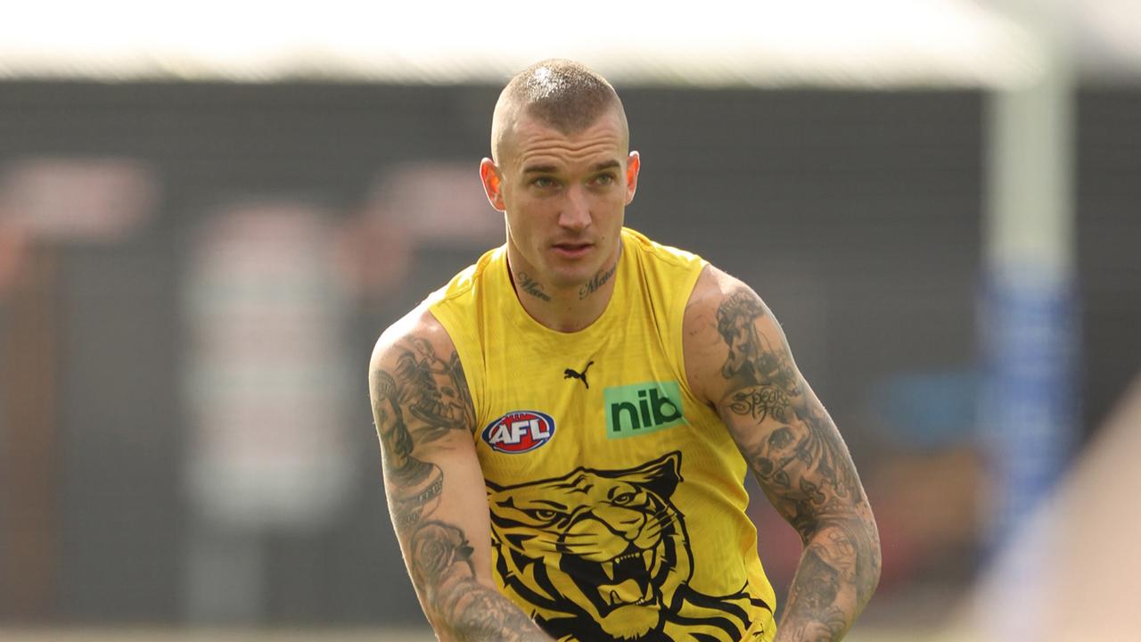 MELBOURNE, AUSTRALIA - MAY 05: Dustin Martin of the Tigers runs with the ball during a Richmond Tigers AFL training session at Punt Road Oval on May 05, 2022 in Melbourne, Australia. (Photo by Robert Cianflone/Getty Images)