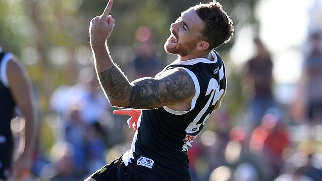 Recruit Dean Kent celebrates a goal during St Kilda’s win over Gold Coast.