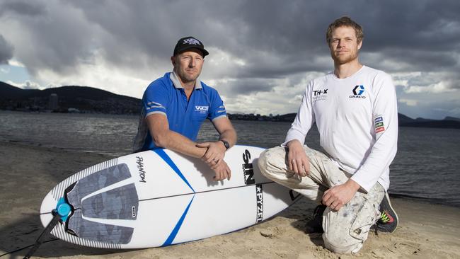 Surfer mates Zeb Critchlow and Tyler Hollmer-Cross who rescued two fishermen after their boat capsized at Marion Bay last year still regret the fact they could not save Anthony Bowerman. Picture: RICHARD JUPE