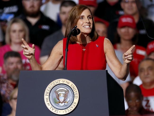 U.S. Rep. Martha McSally, R-Ariz., speaks at a campaign rally Friday, Oct. 19, 2018, in Mesa, Ariz. President Donald Trump is in Arizona stumping for Senate candidate McSally. (AP Photo/Matt York)