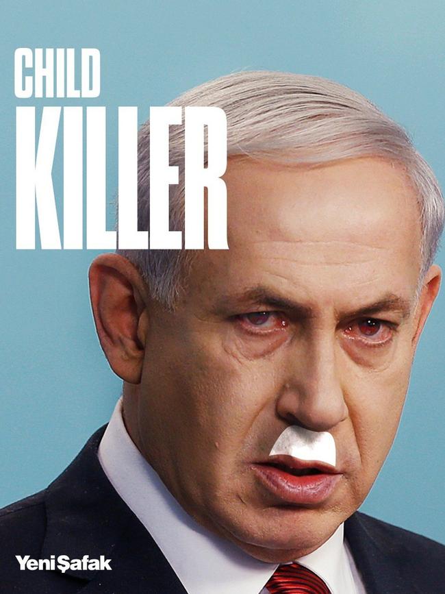 A poster labelling Benjamin Netanyahu a "child killer" which was carried at Sunday's pro-Palestinian march.