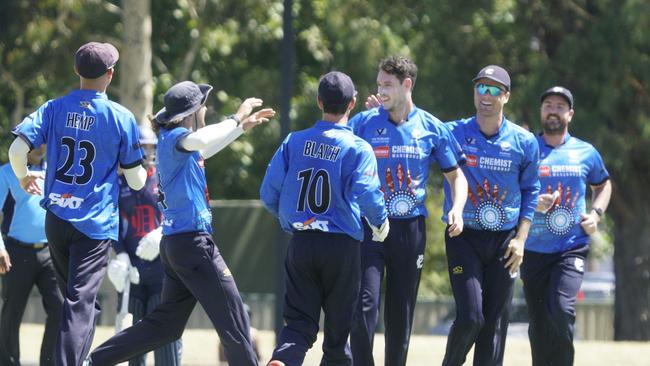 Victorian Premier Cricket: Dandenong v Prahran. Nicholas Boland and Prahran team mates celebrate a wicket. Picture: Valeriu Campan