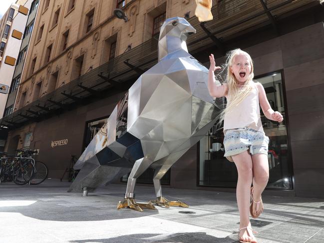 Emerald, 8, with ‘Pigeon’ in the Rundle Mall. Picture: Tait Schmaal.