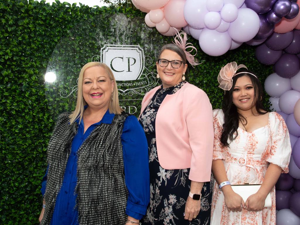 (From left) Kelly Mercer, Helen Whelan and Shanice Cruz. Weetwood Raceday at Toowoomba Turf Club. Saturday, September 28, 2024. Picture: Nev Madsen.