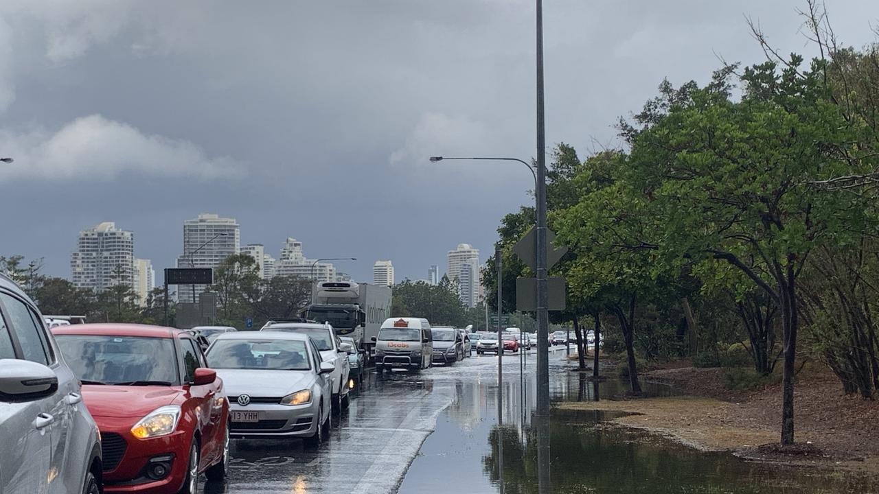 Traffic backed up on the Gold Coast Highway at Southport following a severe storm. Picture: Emily Halloran