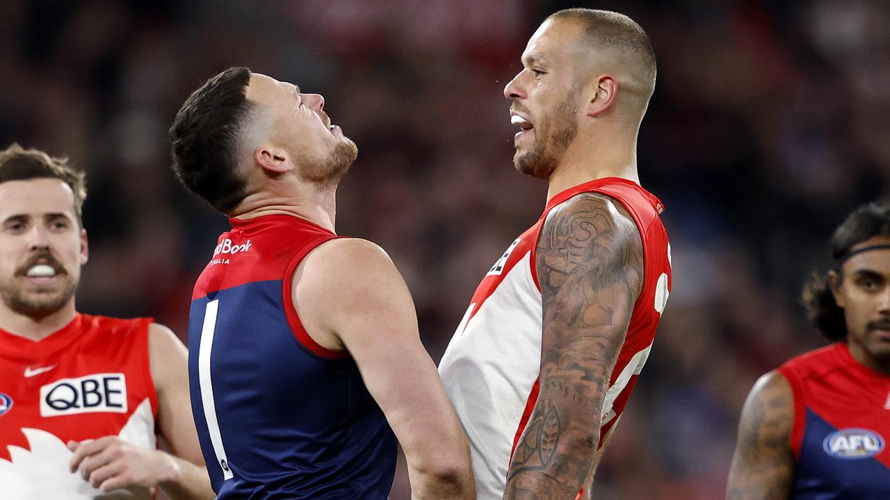 Steven May and Lance Franklin were at each other all night. Picture: Phil Hillyard