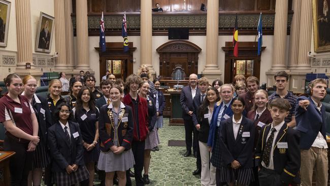 Teen Parliament participants with Speaker of the South Australian House of Assembly Leon Bignell at Parliament House. Picture: Brett Hartwig