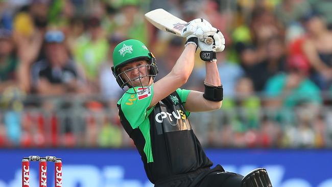 Nick Larkin hammers a drive through cover during his half-century against Sydney Thunder.