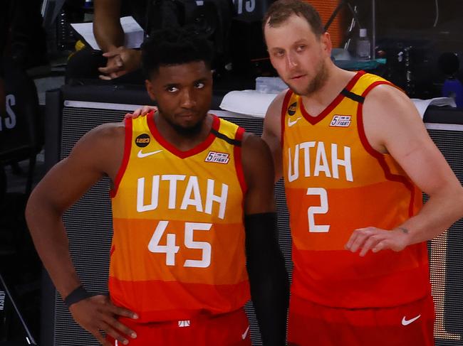 Donovan Mitchell and Joe Ingles. (Photo by Kevin C. Cox/Getty Images)