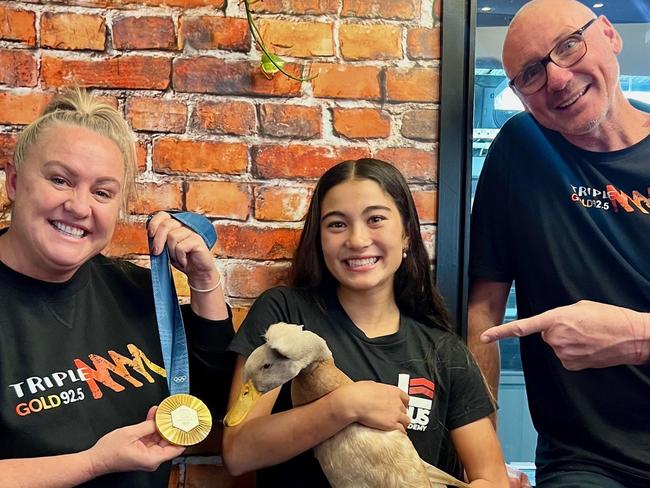 Triple M Gold Coast breakfast presenters surprising Arisa Trew with her new duck.