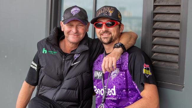 Head Coach of the Hobart Hurricanes Jeff Vaughan with Tim David the day after the BBL Final win.Picture: Linda Higginson