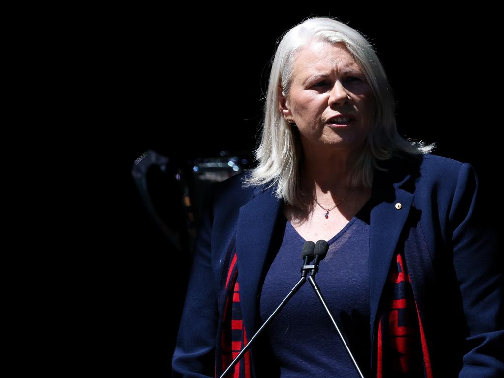 MELBOURNE, AUSTRALIA - NOVEMBER 10: Kate Roffey speaks during the Victoria State Memorial Service Held For Ron Barassi AM at Melbourne Cricket Ground on November 10, 2023 in Melbourne, Australia. Barassi, former VFL player, coach and media personality, passed away on 16th September. (Photo by Asanka Ratnayake/Getty Images)