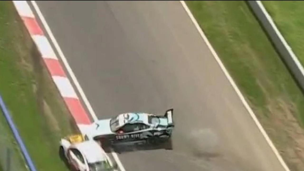 Reynold’s car was wrecked after Zane Goddard triggered a multi-car crash on lap five on Mount Panorama. Picture: Fox Sports.