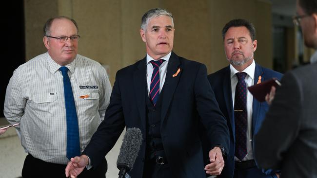 Shane Knuth, Robbie Katter and Nick Dametto from the Katter’s Australian Party during a press conference at Parliament House in Brisbane. Picture: Dan Peled