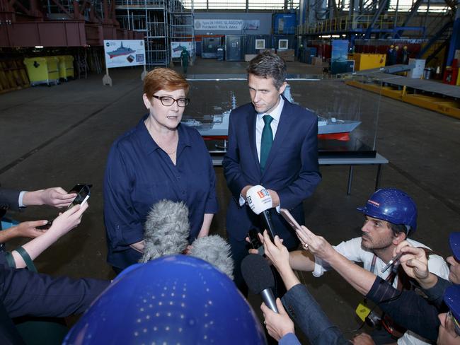 UK Defence Secretary Gavin Williamson hosted Minister Marise Payne’s visit to BAE Systems Shipyard in Glasgow to view the Royal Navy's new Type 26 frigates today, after Australia chose the British - designed ships for it's own navy last month. Thursday 19 July 2018.Picture Robert Perry for The Australian.