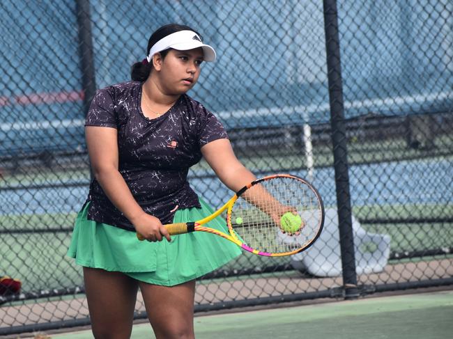 Players on court at the JDS Central Region tournament at the Rockhampton Regional Tennis Centre on July 14, 2024.