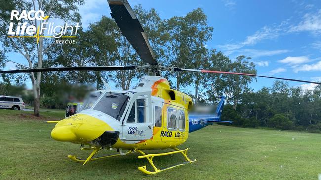 The Lifeflight rescue helicopter rushed to Rainbow Beach after a man suffered ‘significant’ leg injuries when his motorcycle collided with a jetski trailer at Rainbow Beach. Monday, March 13, 2023. Picture: RACQ LifeFlight