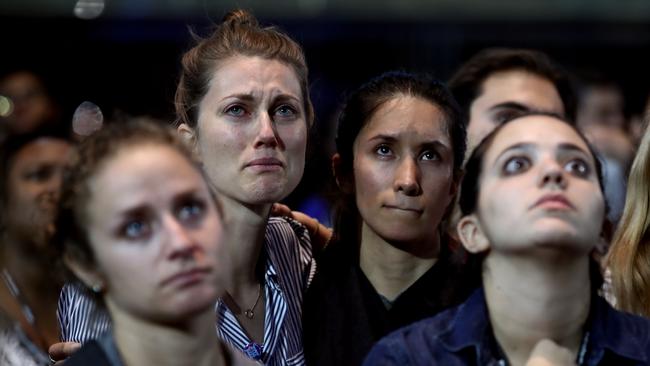 Viewers react to the voting results at Hillary Clinton's election night event. Picture: Win McNamee/Getty