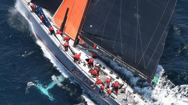 Wild Oats XI makes its way down the coast following the start of the Sydney to Hobart Yacht race in Sydney, Thursday, December 26, 2019. (AAP Image/Dean Lewins) NO ARCHIVING, EDITORIAL USE ONLY