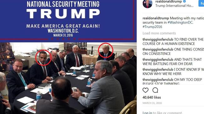 Mr Papadopoulos pictured at a meeting of Donald Trump’s national security advisers.