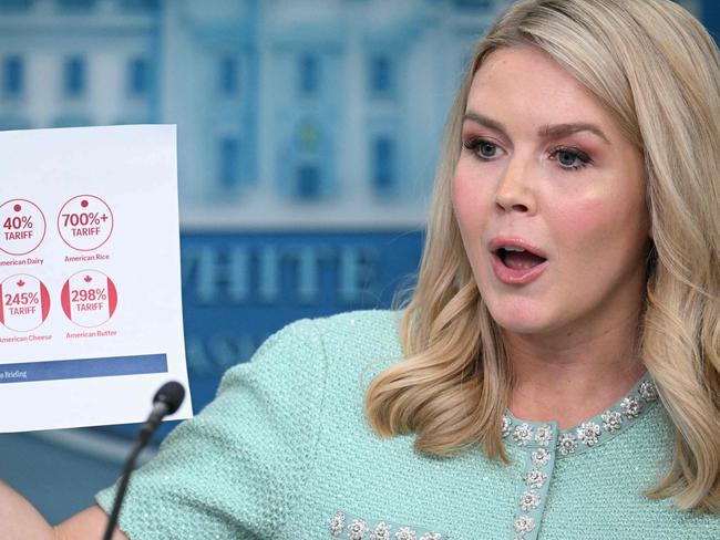 White House Press Secretary Karoline Leavitt holds up a piece of paper with information about tariff rates while speaking during the daily briefing in the Brady Briefing Room of the White House in Washington, DC, on March 11, 2025. (Photo by Mandel NGAN / AFP)