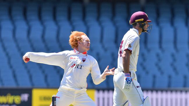 Redbacks spin sensation Lloyd Pope took a wicket with his first ball against Queensland. Picture: AAP Image/David Mariuz