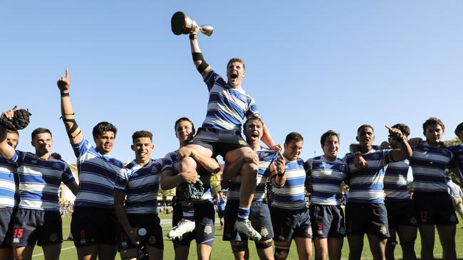 GPS rugby Nudgee v TSS at Ross Oval, Nudgee College. Nudgee captain Harry Vella with the trophy. Pic Mark Cranitch.