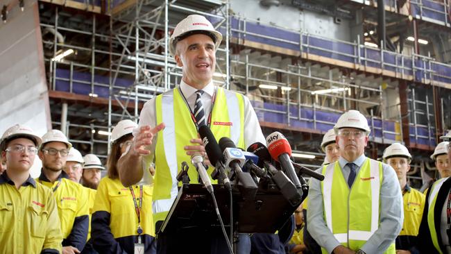 BAE Systems Australia 640 Mersey Rd N, Osborne - Premier Peter Malinauskas and Deputy Premier Susan Close, BAE Shipbuilding Managing Director Craig Lockhart and BAE shipbuilding responded to the release of the Federal Government's Surface Ship Review. Premier Peter Malinauskas addresses the assembly.  20 February 2024. Picture Dean Martin