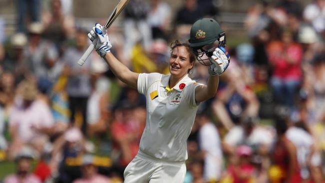 Ellyse Perry celebrates a Test century in 2011. Picture: AAP