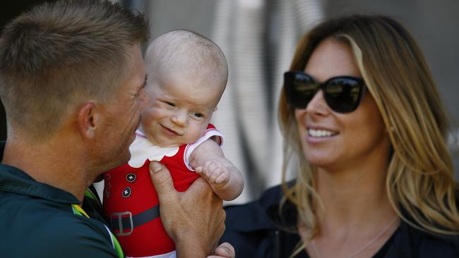 David Warner &amp; daughter Ivy and partner Candice. Picture: Wayne Ludbey.