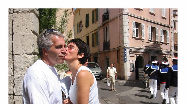 Ghislaine Maxwell is seen nuzzling Epstein’s cheek with adoration in several photos. Picture: AFP/US District Court for the Southern District of New York