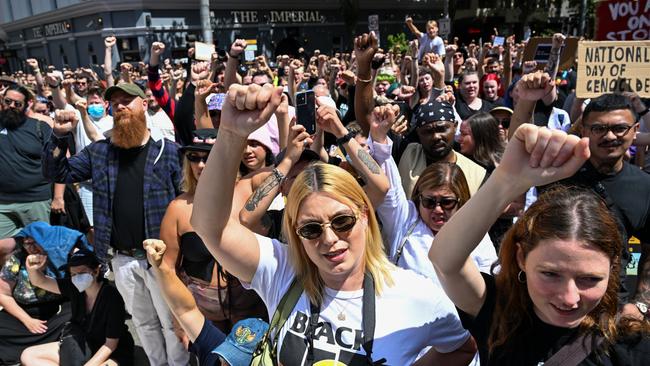 Protesters participate in the Treaty Before Voice Protest outside Parliament House. Picture: Getty Images