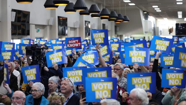 Supporters of the No campaign hold up signs during a Liberal campaign event in Perth on Sunday.