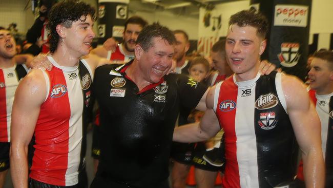 Ratten celebrates his first win as Saints interim coach last year. Picture: Michael Klein