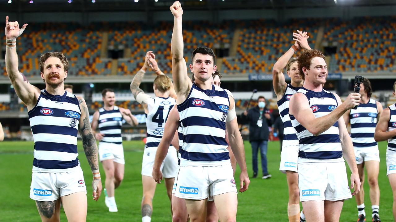 The Cats celebrate the win over St Kilda. Picture: Jono Searle