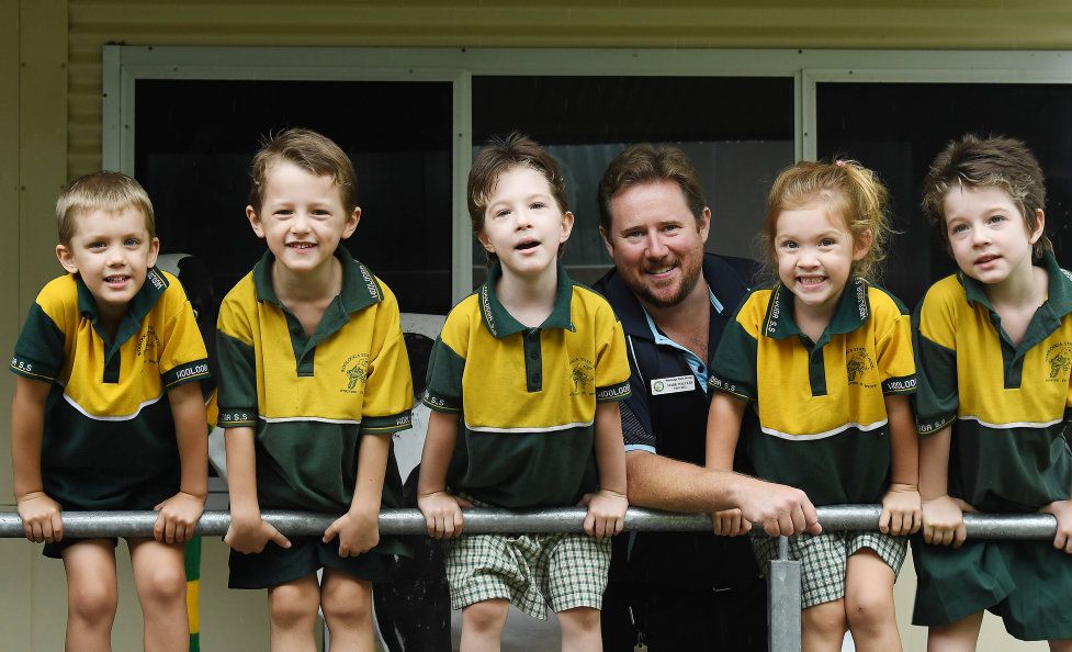 WOOLOOGA PREP: Travis Murnane , Tywin Blake, Phoenix Blake, principal Mr Mark Walters, Mackenzie Scott, Indica Blake. (absent) Chase Atkinson, teacher Mrs Leigh Bannister, teacher aide Mrs Melissa Matthews. Picture: Renee Albrecht