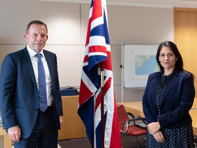 Tony Abbott and British Home Secretary Priti Patel. Photo: Twitter / @pritipatel